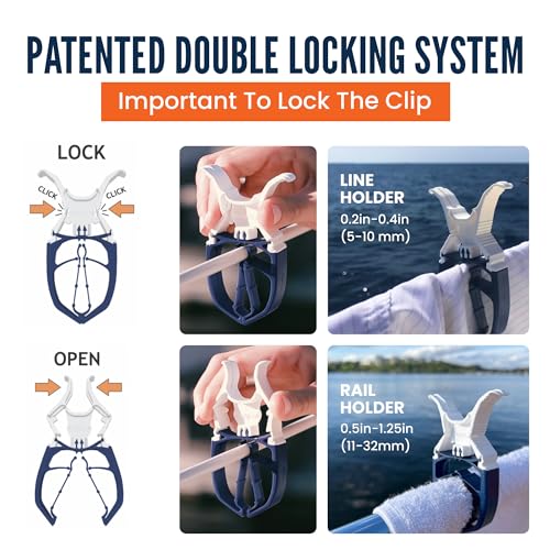 Navy Blue 6-Pack - Storm Proof & Lockable Clothespin - Large Clips fit Lines & Rails - Multi-Purpose Towel Clips for Boat Accessories, Chairs, RV, Camping, Fishing, Stroller, Balcony, Tarps - color: Navy Blue
