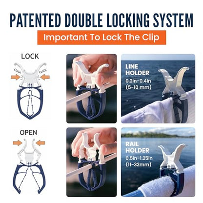 Navy Blue 6-Pack - Storm Proof & Lockable Clothespin - Large Clips fit Lines & Rails - Multi-Purpose Towel Clips for Boat Accessories, Chairs, RV, Camping, Fishing, Stroller, Balcony, Tarps - color: Navy Blue