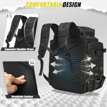 HAMBOLY Fishing Backpack 45L with Rod Holders, Water-Resistant Tackle Backpack for Fishermen, Large Capacity Fishing Gear Bag for Travel Hiking Camping - color: Dark CM (4 Tackle Boxes Included)