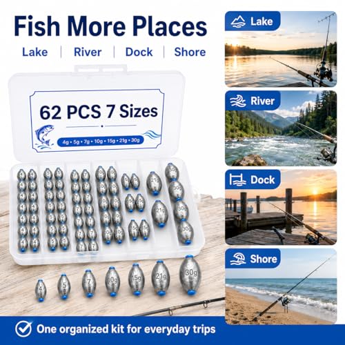 Egg Sinkers Fishing Weights Kit, 40/62pcs 6/7 Sizes Egg Sinker Assortment 1/8-1 oz, Slip Sinkers for Saltwater Freshwater Bass Catfish Fishing, Smooth Bore Lead Sinkers Weights with Tackle Box - size: 62 pcs / 7 Sizes