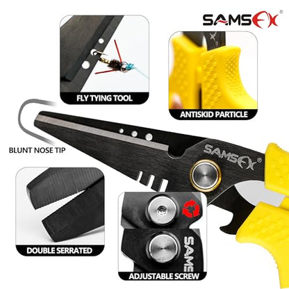 SAMSFX Fishing Braid Line Scissors Shears with Titanium Coating and Dual-Serrated Blade, Kraton Handle, Arrives with Hard Sheath and Coiled Lanyard (Yellow Kraton Handle) - color: Yellow Kraton Handle