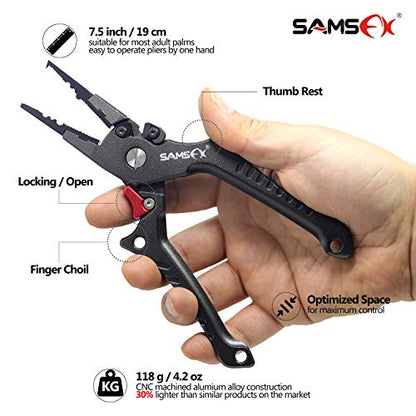 SAMSFX Aluminum Fishing Pliers Hook Remover Braid Line Cutter with Coiled Lanyard, Fly Fishing Knot Tying Tool & Retractors - color: Gray Handle, Split Ring Nose