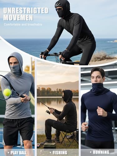 3/6 Pack Mens Sun Protection Fishing Hoodie with Face Mask UPF 50+ Long Sleeve Compression Work Shirt Construction Quick Dry - color: 3 Pack【loose Fit】balck, size: XX-Large