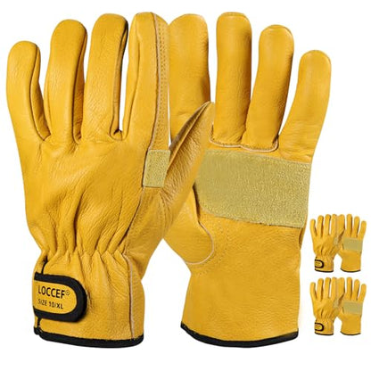 LOCCEF 2 Pairs Leather Work Gloves for Men Women Cowhide Utility | Elastic snug wrist cuff, touchscreen, tear resistant, for mechanics, construction, trucking, landscaping, warehouse