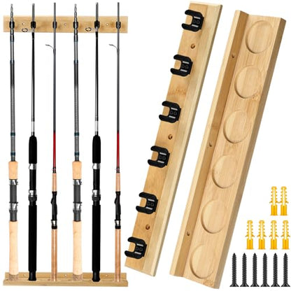 Arrowbash Wall Mounted Fishing Rod Holder Wooden Vertical Fishing Rod Rack Fishing Pole Holders for Garage Holds up to 6 Rods Fishing Gear Storage Organizer Grandpa(Bamboo Wood Color)