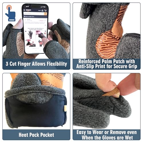 Palmyth Magnetic Fleece Fishing Gloves Convertible 3 Cut Fingers Ice Fishing Warm for Cold Weather Photography - size: Large