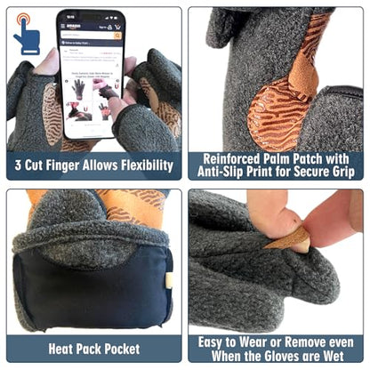Palmyth Magnetic Fleece Fishing Gloves Convertible 3 Cut Fingers Ice Fishing Warm for Cold Weather Photography - size: Large