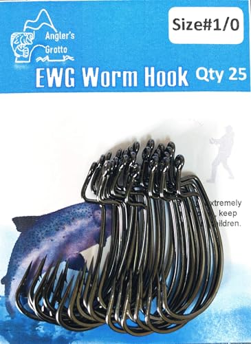 Angler's Grotto EWG Offset Shank Worm Hook | 15/25 Count Per Pack | Freshwater Saltwater Fishing Hooks | High Carbon Steel Extra Strength | Size #1#1/0#2/0#3/0#4/0#5/0 - size: Size #1, 15 Count