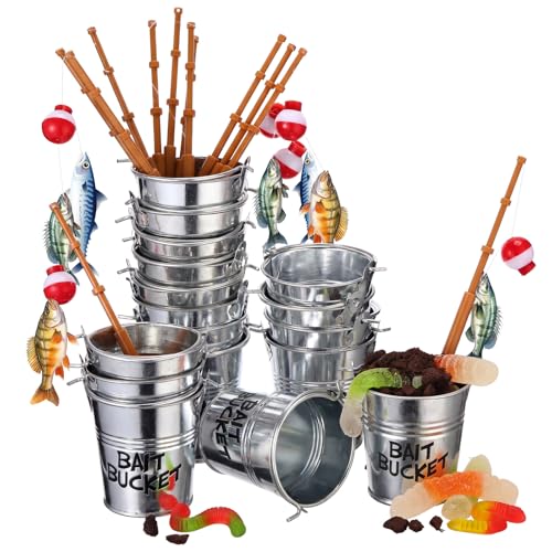 Soulchen 24 Pcs Mini Fishing Birthday Party Decorations Include 12 Fish Cupcake Pole Picks 12 Mini Tackle Bait Bucket 12 Bobber for Gone Fishing Theme Supplies Ocean Party Cake Decor - style: Bait Bucket