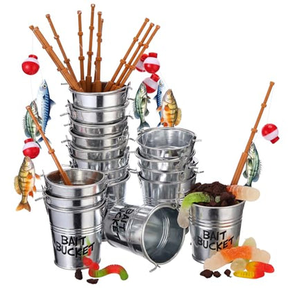 Soulchen 24 Pcs Mini Fishing Birthday Party Decorations Include 12 Fish Cupcake Pole Picks 12 Mini Tackle Bait Bucket 12 Bobber for Gone Fishing Theme Supplies Ocean Party Cake Decor - style: Bait Bucket