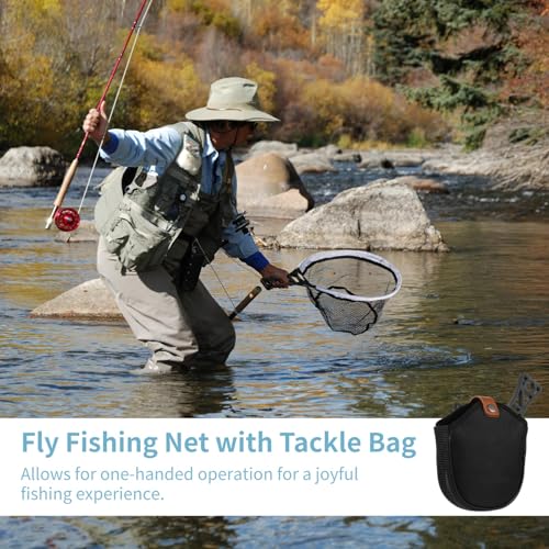 Folding Fly Fishing Net, Lightweight Rubber-Coated Mesh Landing Trout Net with Tackle Bag, Non-Slip Handle, Fly Fishing Gear for Beginners