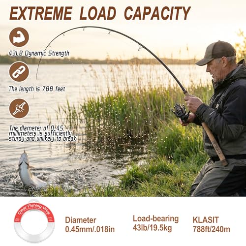KLASIT Fishing Line 788FT,Invisible Monofilament Fishing Wire,Supports 43 Pounds Strong Nylon Invisible Thread for Hanging Decorations,Balloon Garland,Crafts,Picture Display - style: 0.45mm/788ft/43lb
