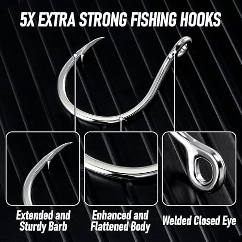 Alwonder Fishing Circle Hooks 5X Strong Catfish Octopus Livebait Hooks, High Carbon Steel Welded Fishing Hook Jigging Replacement Hook for Freshwater Saltwater Trolling Tackle Tuna, Marlin, Wahoo - size: #4/0 - 10 Pack