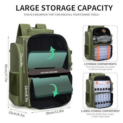 WANOON Fishing Backpack,Tackle Bag,with Tackle Boxes. Large Fishing Bag, Strong Materials - color: Army Green, size: 42L-With Tackle Boxes