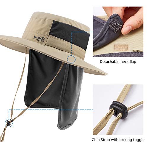 BASSDASH UPF 50+ Sun Fishing Hat Water Resistant with Detachable Neck Flap - color: Khaki