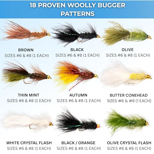 Woolly Bugger Fly Fishing Flies Assortment - Beadhead Streamer Wet Flies for Trout Bass Panfish - Hand-Tied Marabou Streamers for Rivers Lakes - size: 18 Pack – Mixed Sizes