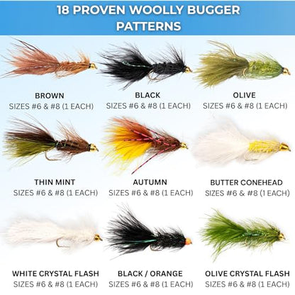Woolly Bugger Fly Fishing Flies Assortment - Beadhead Streamer Wet Flies for Trout Bass Panfish - Hand-Tied Marabou Streamers for Rivers Lakes - size: 18 Pack – Mixed Sizes