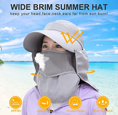 Women Wide Brim Face Mask Sun Hat Detachable Neck Face Flap Ponytail UV Protection Visor Hat Garden Fishing Hiking - color: A2-shun005-gray