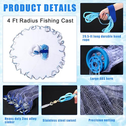 Windyun 3 Pcs Fishing Cast Net with Heavy Duty Sinker Portable Folded Lobster Crab Trap Fishing Net with Long Robust Telescopic Handle Freshwater Saltwater Bait Fishing Accessories - size: 4 Ft