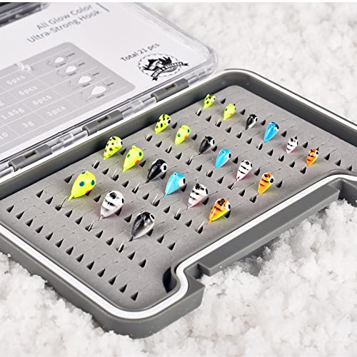 21 Piece Tungsten Ice Fishing Jigs Kit, More Effective Tungsten Ice Fishing Lure Jigs for Panfish Walleye