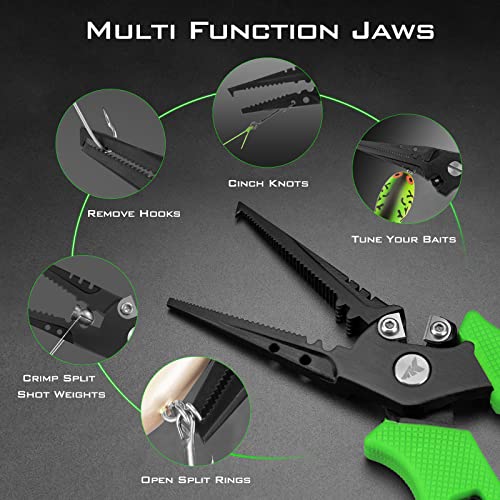 KastKing Cutthroat 7.5- Inch Saltwater Resistant Fishing Pliers, 5-Inch Braid Scissors, Line Cutter, Hook Remover, Fishing Tools Set, Gifts for Men - style: B: Split Ring Plier and Scissor - Green