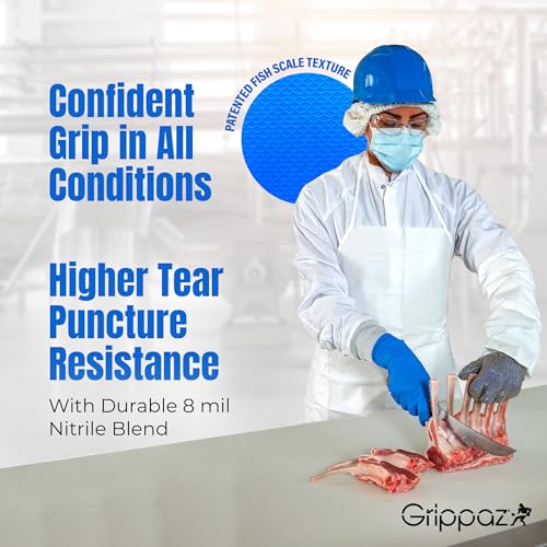 Grippaz Food Plus 8 Mil Nitrile 12" Disposable Gloves 48-Pack, Fish Scale Grip, Enhanced Fatty Food Handling, Blue, X-Large (67-308/XL) - size: X-Large