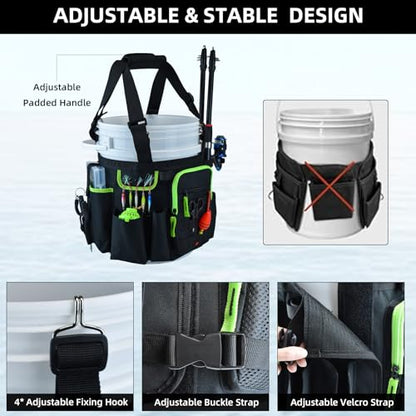 AUMTISC 5 Gallon Bucket Fishing Organizer, Waterproof Ice Fishing Bucket Tool Bag with Rod and Tackle Boxes Holder, Multi-Pocket Tool Caddy Bags for Fishing Gear and Equipment