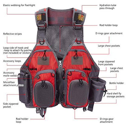 BASSDASH Strap Fishing Vest Adjustable for Men and Women, for Fly Bass Fishing and Outdoor Activities - color: F22 - Red