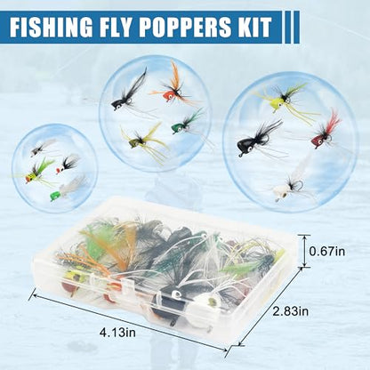Fly Fishing Poppers Kit- 12pcs Fly Fishing Dry Flies Topwater Fishing Lures Bass Popper Flies Bugs Lures Panfish Bait Fly Trout Bobber Flies Kit for Bass Trout Crappie Panfish Bluegill Salmon