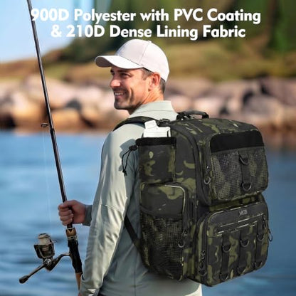 MGB Fishing Tackle Backpack with Rod Holders & YKK Zipper, 46L Fishing Bag with Bottle Holder, Storage Bag Store Fishing Gear - color: Green+black Camo（without Tackle Box）