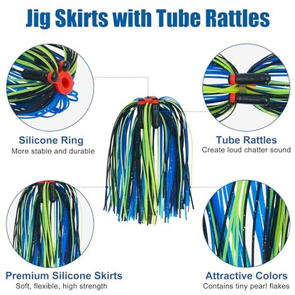 OROOTL Silicone Jig Skirts Spinnerbait Skirt Replacement Bass Fishing Lures for DIY Spinner Baits Buzzbaits Squid Jig Accessories - color: B-Skirts with Rattles-6pcs