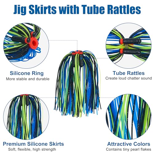 OROOTL Silicone Jig Skirts Spinnerbait Skirt Replacement Bass Fishing Lures for DIY Spinner Baits Buzzbaits Squid Jig Accessories - color: B-Skirts with Rattles-6pcs