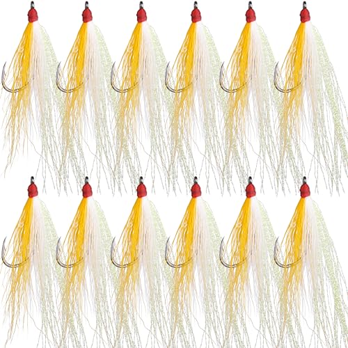 Bucktail Teasers Fishing Hooks Saltwater Flounder Rig Bucktail Mylar Teasers Inserted Fishing Teaser Hooks for Jigs Spoons Lures Hi/Lo Rig Striped Bass Bluefish Flounder Surf Bottom Fishing - color: Yellow-white, size: 12pcs