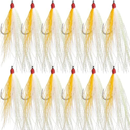 Bucktail Teasers Fishing Hooks Saltwater Flounder Rig Bucktail Mylar Teasers Inserted Fishing Teaser Hooks for Jigs Spoons Lures Hi/Lo Rig Striped Bass Bluefish Flounder Surf Bottom Fishing - color: Yellow-white, size: 12pcs