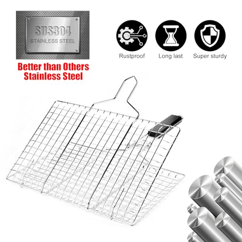 Grill Baskets Fish Grilling Basket for Outdoor Grilling Barbecue Stainless Steel Folding Grill Accessories with Removable Handle, Grill Basket for Bar, Camping, Picnics & Parties. Amazing Grill