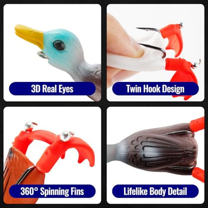 Topwater Duck Lures for Bass Fishing, 5pcs Realistic Soft Weedless Duck Bait Floating with Tackle Box Freshwater Saltwater Pike Musky Catfish Topwater Swimbait Duckling Lure