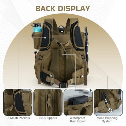 Goture Fishing Backpack with Cooler, 66L 600D Tackle Backpack with 3 Rod Holders, EVA Cover, Helmet Holder, Rain Cover, Saltwater Large Fishing Bag for Camping Hiking, Gear Storage Bag, Gifts for Men - color: A1:khaki(without Tackle Box)