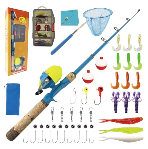 Kids Rod Set, Kids Fishing Rod and Reel Combo and Fishing Net Tackle Box with Fishing Lure Hook and Bag for Girls Beginners, Kids, Youth Anglers - color: Blue, size: ‎1.5 Meters