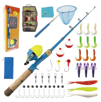 Kids Rod Set, Kids Fishing Rod and Reel Combo and Fishing Net Tackle Box with Fishing Lure Hook and Bag for Girls Beginners, Kids, Youth Anglers - color: Blue, size: ‎1.5 Meters