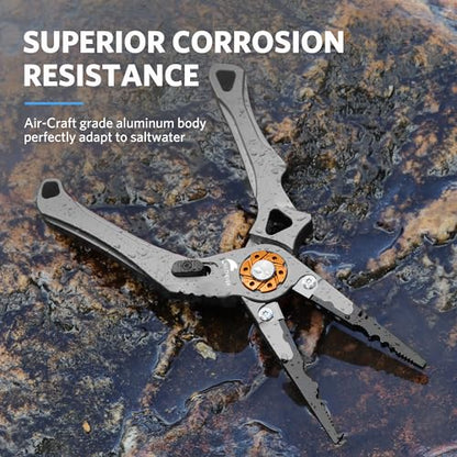 Saltwater Fishing Pliers, Split Ring Pliers for Fishing with Safety Lock, Fish Pliers with Sheath and Lanyard, Fishing Gifts for Men - color: D-gray