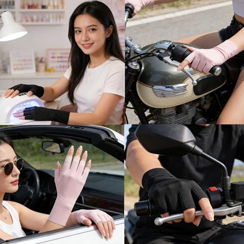 IZUS Women Cool Ice Silk Fingerless Driving Gloves Sunblock Non-Slip Outdoor Light-Thin Gloves Fishing Hiking Outdoor - color: 2set ( Pink+black)