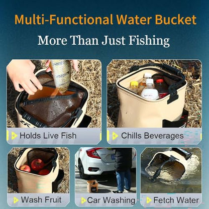 3.7 Gallon Collapsible Fishing Bucket - Live Bait Bucket w/Aerator Pocket | Heavy-duty EVA, 100% leakproof. Built-in aerator pocket & mesh lid. Perfect for live fish, kayak fishing, and camping. - size: 3.7 Gallon (14L)