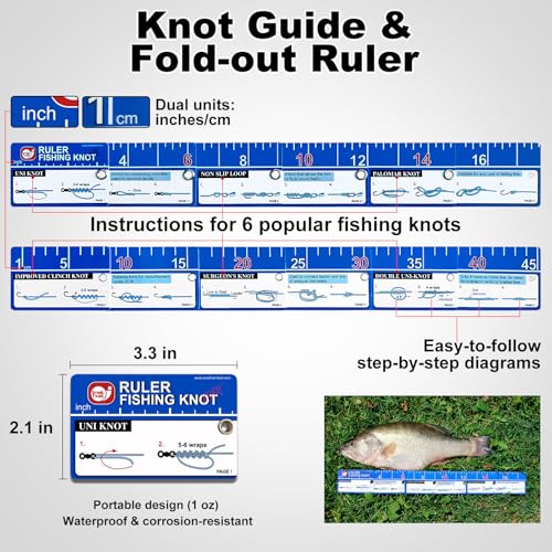 SNAIL TRAIL 7pc Fishing Tool Kit - 17" Pocket Fish Ruler & Knot Tying Guide, Split Ring Pliers, Braid Scissors & Bait Knife. Fish Lip Gripper, Hook Remover and Hook Keeper. Fisherman Gifts