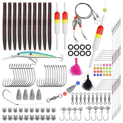 141pcs Surf Fishing Tackle Kit Saltwater Fishing Rigs Ocean Tackle Kit Various Accessories Include Slip Bobbers Bait Rigs Saltwater Lures Hooks Sinker Weights Swivel Bottom Rig