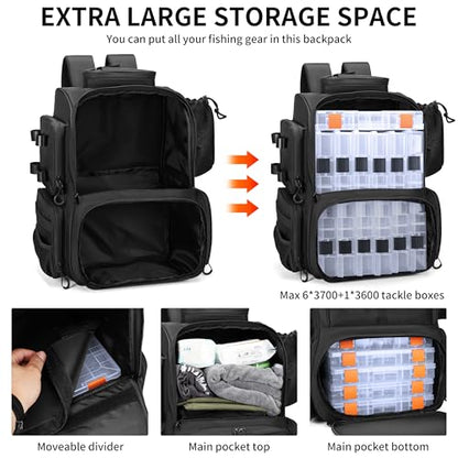 Rabjen Fishing Tackle Backpack with Rod Holders, Bottle Holder, Storage Bag Store Fishing Gear - color: Black
