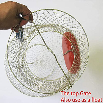Galvanized Steel Wire Fish Basket Collapsible Floating Fishing Net Cage Metal Mesh Fish Crab Trap Round Fishes Basket Fishing Keep Net Fishing Accessories Tool