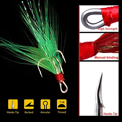 20Pcs Treble Fishing Hooks with Feather Size Stainless Steel Barbed Sharp Triple Fishhook with Box for Saltwater Freshwater - color: 20pcs-Green Feather, size: 6#