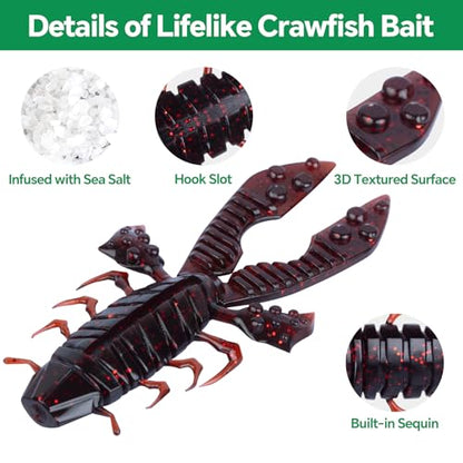 Crawfish Lure 5.5", Soft Plastic Crawdad Creature Bait with Rattles, Weedless Bass Fishing Lure, Realistic Fishing Lures for Freshwater & Saltwater, 3 Pack Red Green Blue - color: Red