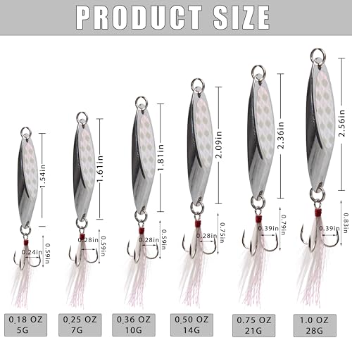 Spoon Lure Jigging Fishing Lures,Sinking Metal Luminous Spoons Hard Bait Saltwater with Treble Fishing Hooks for Salmon Bass Fishing Tackle - size: 1/4oz (7g) - 6pcs
