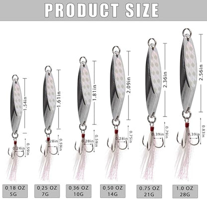 Spoon Lure Jigging Fishing Lures,Sinking Metal Luminous Spoons Hard Bait Saltwater with Treble Fishing Hooks for Salmon Bass Fishing Tackle - size: 1/4oz (7g) - 6pcs